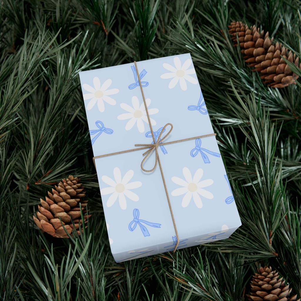 Gift Wrap, Blue Bows and White Daisies, Wrapping Paper Roll, Birthday Wrap, Floral Gift Paper, Packaging Supplies, Christmas Gift Wrapping,