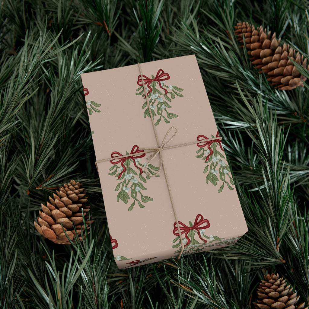Christmas Mistletoe Wrapping Papers, Holiday Gift Wrap, Festive Present Packaging, Xmas Decor Paper, Red Bow Design