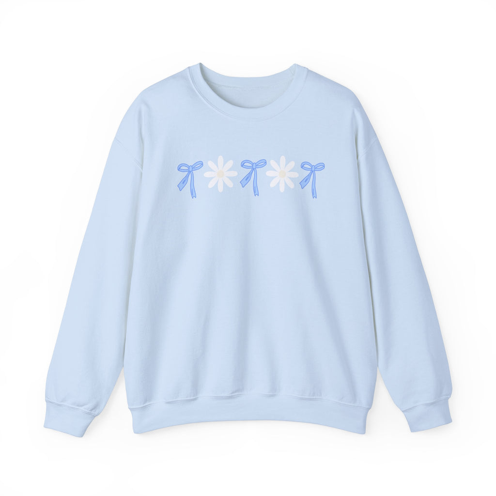 Daisy Bow Sweatshirt, Blue Bow Sweater, Flower Pullover, Spring Sweater, Women's Fashion Top