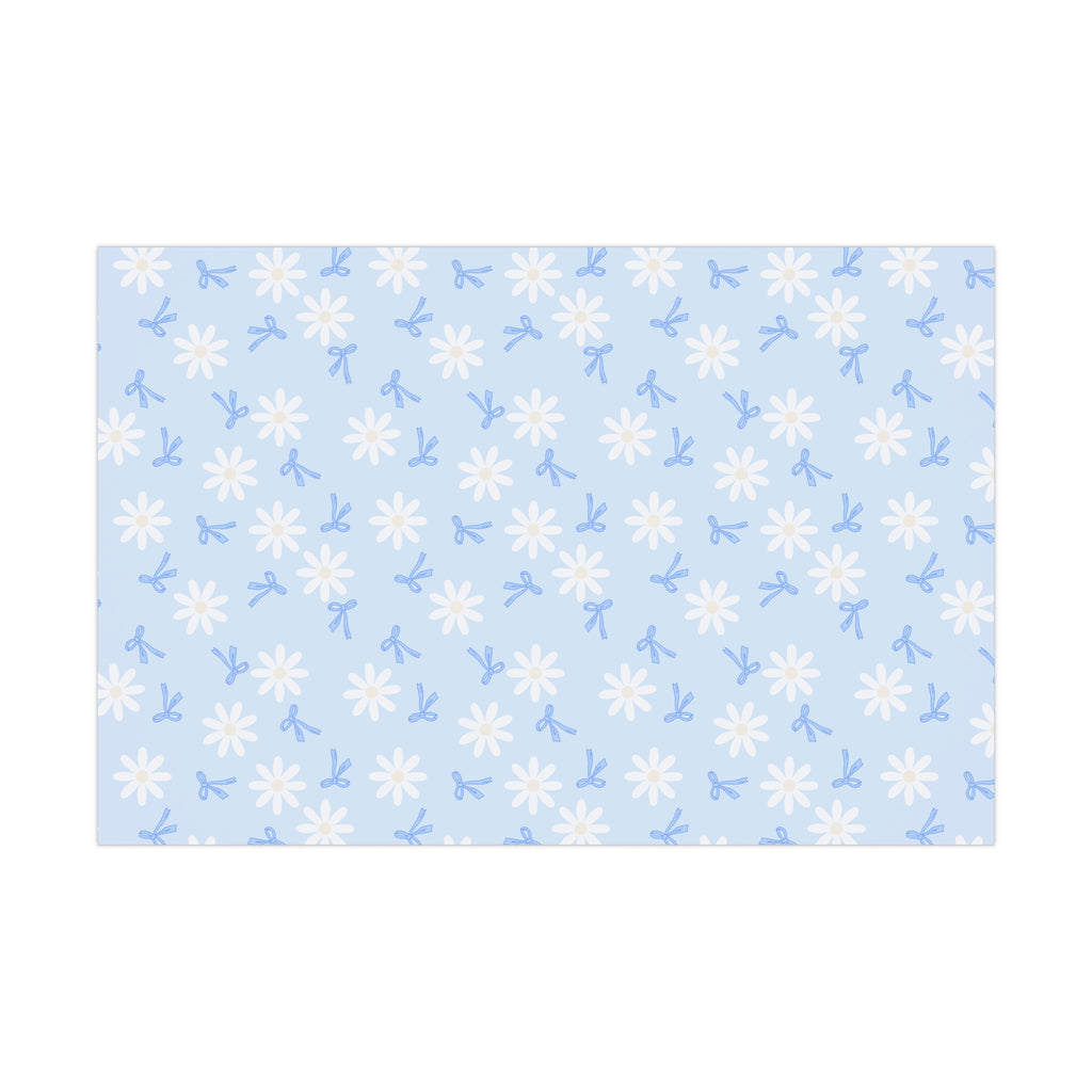 Gift Wrap, Blue Bows and White Daisies, Wrapping Paper Roll, Birthday Wrap, Floral Gift Paper, Packaging Supplies, Christmas Gift Wrapping,