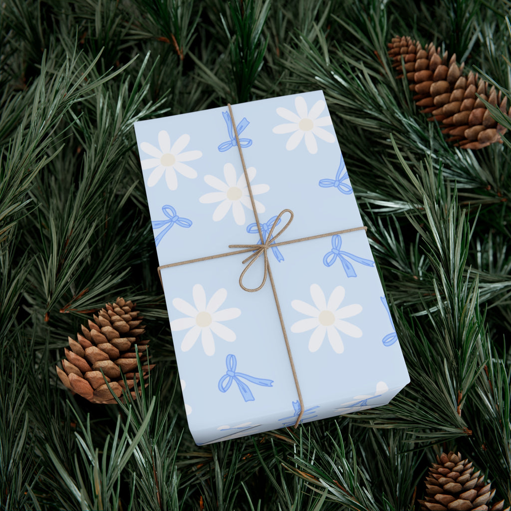 Gift Wrap, Blue Bows and White Daisies, Wrapping Paper Roll, Birthday Wrap, Floral Gift Paper, Packaging Supplies, Christmas Gift Wrapping,