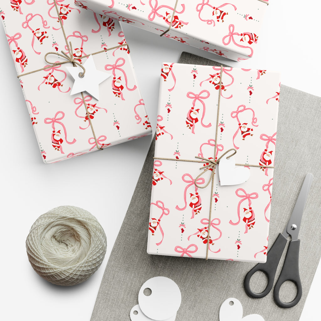 Gift Wrap Papers - Cute Santa's and Pink Bows Design