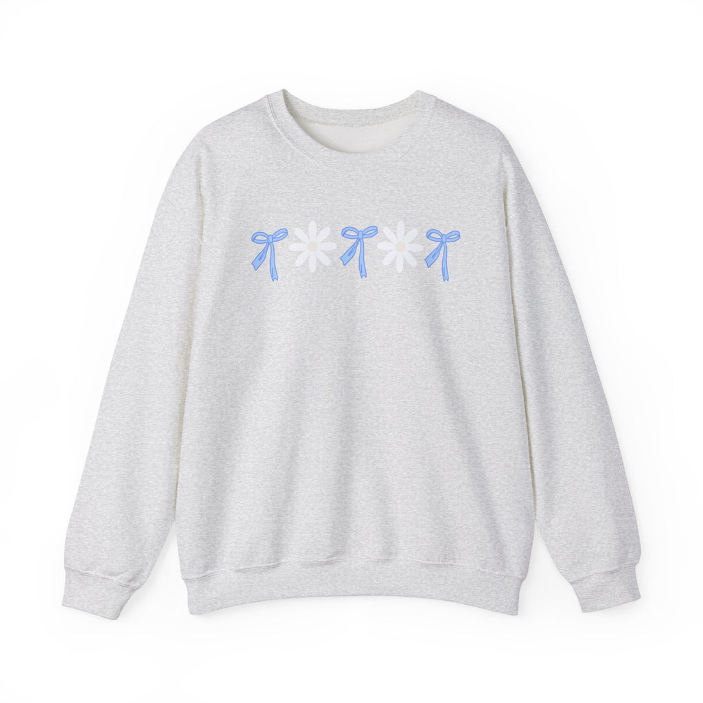 Daisy Bow Sweatshirt, Blue Bow Sweater, Flower Pullover, Spring Sweater, Women's Fashion Top