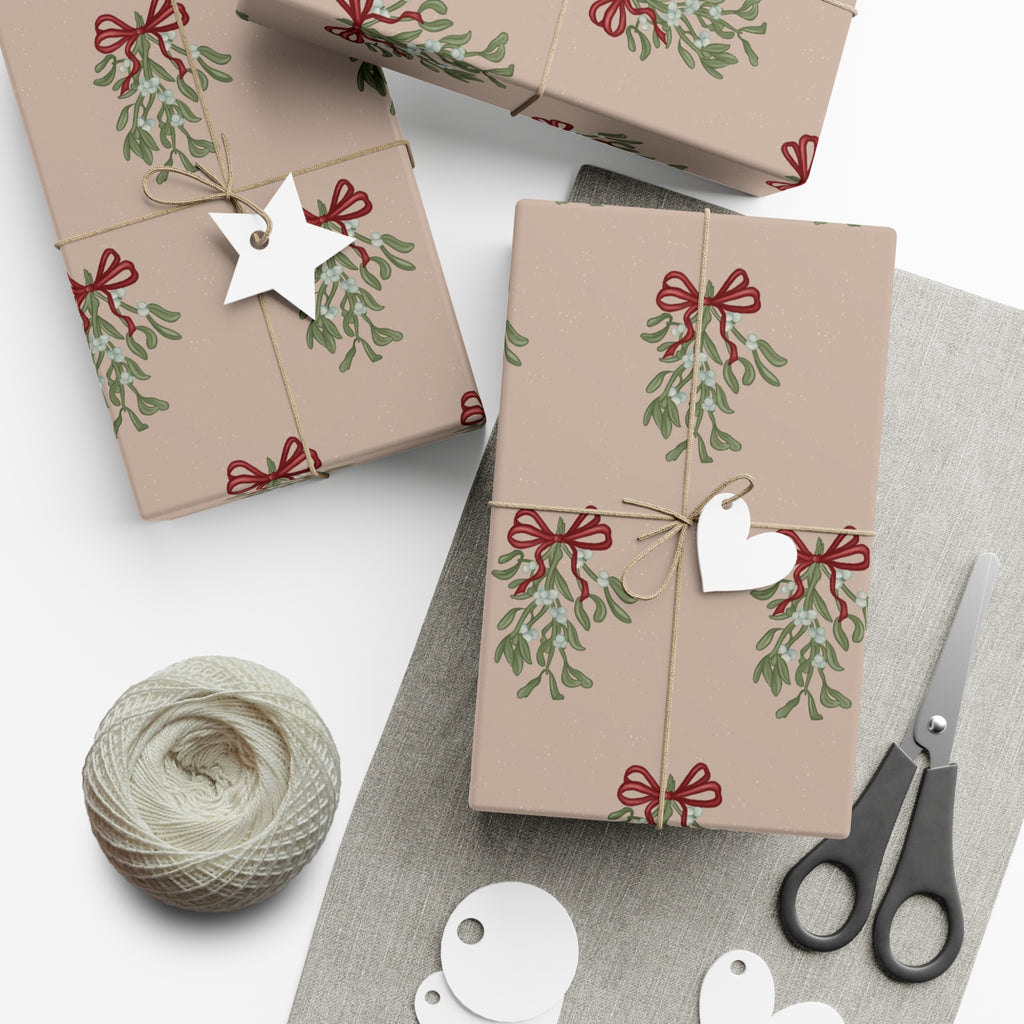 Christmas Mistletoe Wrapping Papers, Holiday Gift Wrap, Festive Present Packaging, Xmas Decor Paper, Red Bow Design
