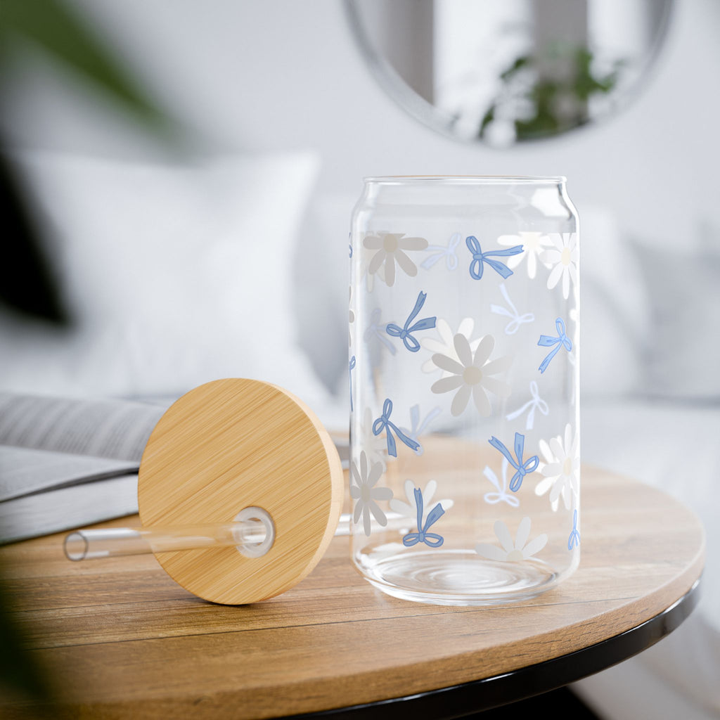 Sipper Glass Mug - White Daisies and Soft Blue Bows Design