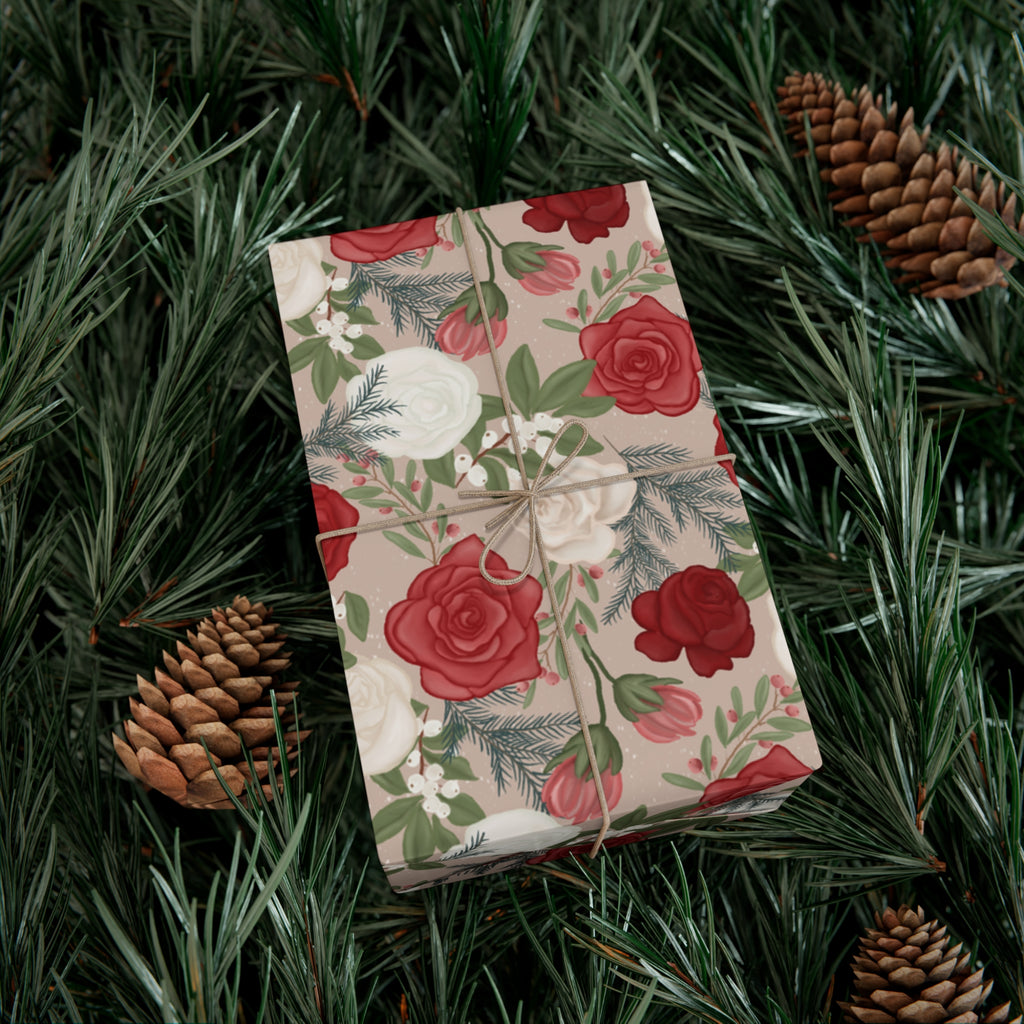 Christmas Floral Gift Wrap Papers - Holiday Red White Berries Festive Wrapping Sheets, Home Decor Craft Supplies