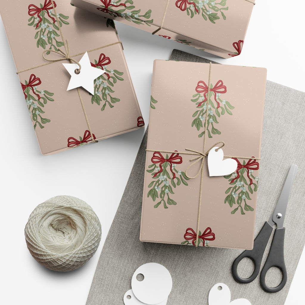 Christmas Mistletoe Wrapping Papers, Holiday Gift Wrap, Festive Present Packaging, Xmas Decor Paper, Red Bow Design