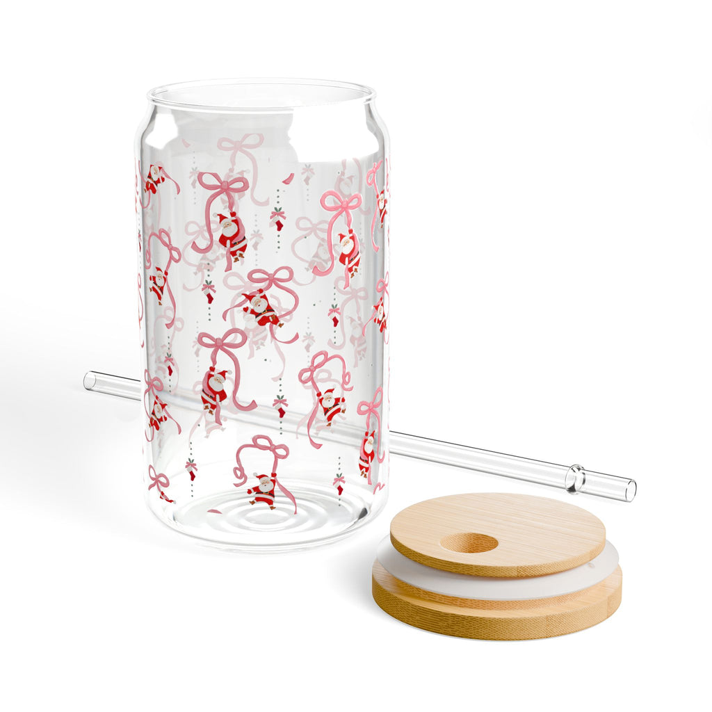 Glass Sipper - Cute Santa's and Pink Bows Design 16oz
