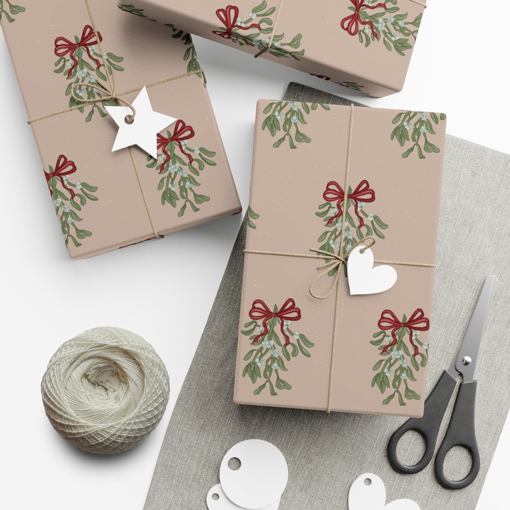 Christmas Mistletoe Wrapping Papers, Holiday Gift Wrap, Festive Present Packaging, Xmas Decor Paper, Red Bow Design