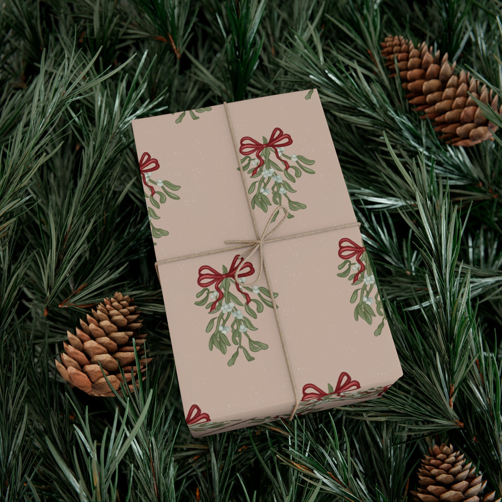 Christmas Mistletoe Wrapping Papers, Holiday Gift Wrap, Festive Present Packaging, Xmas Decor Paper, Red Bow Design
