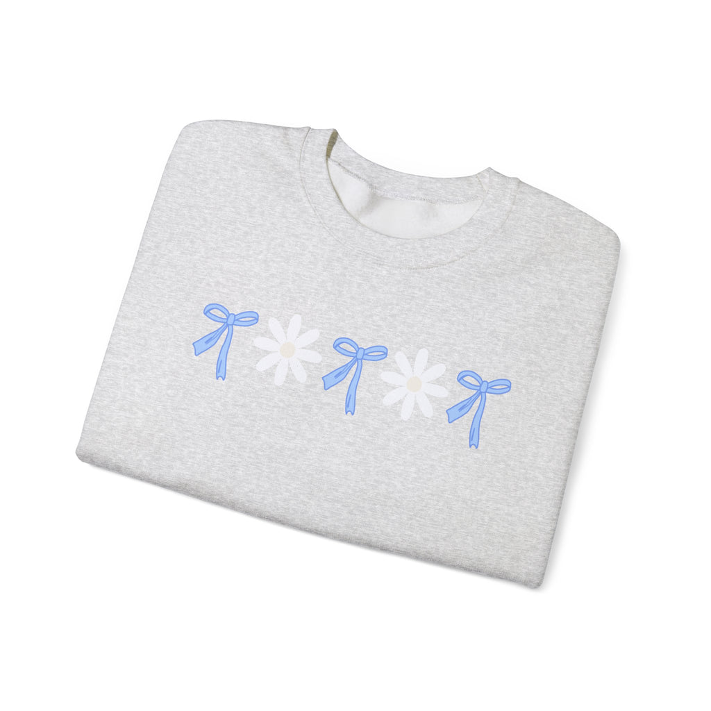 Daisy Bow Sweatshirt, Blue Bow Sweater, Flower Pullover, Spring Sweater, Women's Fashion Top