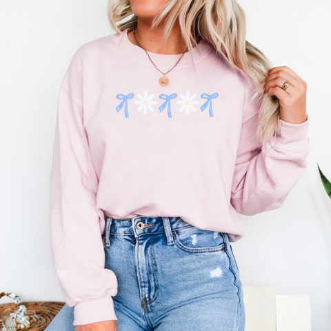 Daisy Bow Sweatshirt, Blue Bow Sweater, Flower Pullover, Spring Sweater, Women's Fashion Top