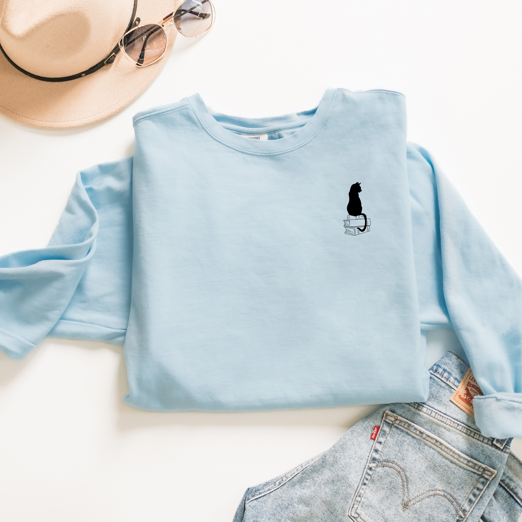 Cat Embroidered Sweatshirt, Cat Lovers Sweater, Cat Enthusiast Sweatshirt, Book lovers, Book Enthusiast Sweatshirt