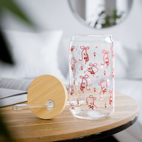 Glass Sipper - Cute Santa's and Pink Bows Design 16oz